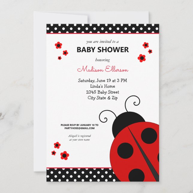 Niedliche Ladybug Polka Dots Kinderdusche Einladun Einladung (Vorderseite)