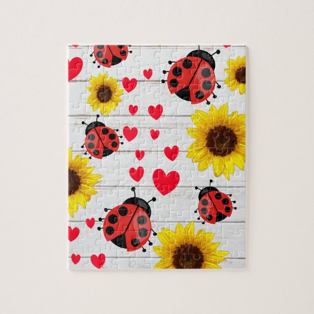 Niedliche Ladybug Sonnenblumen und Herzgeschenke Puzzle (Vertikal)