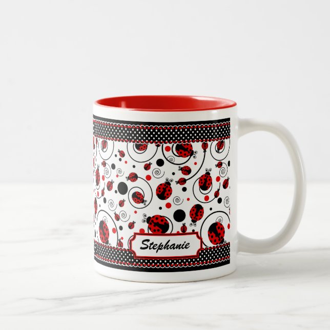 Niedliche Ladybugs Polka Dots und Wirbel Name Kaff Zweifarbige Tasse (Rechts)