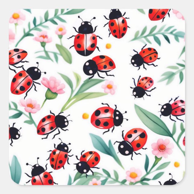 Niedliche Ladybugs und Blume Quadratischer Aufkleber (Vorderseite)