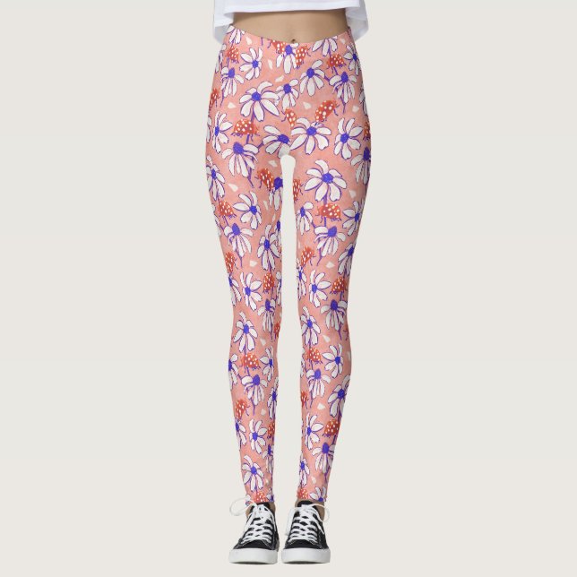 Niedliche Ladybugs und Daisis rosa und blau Leggings (Vorderseite)