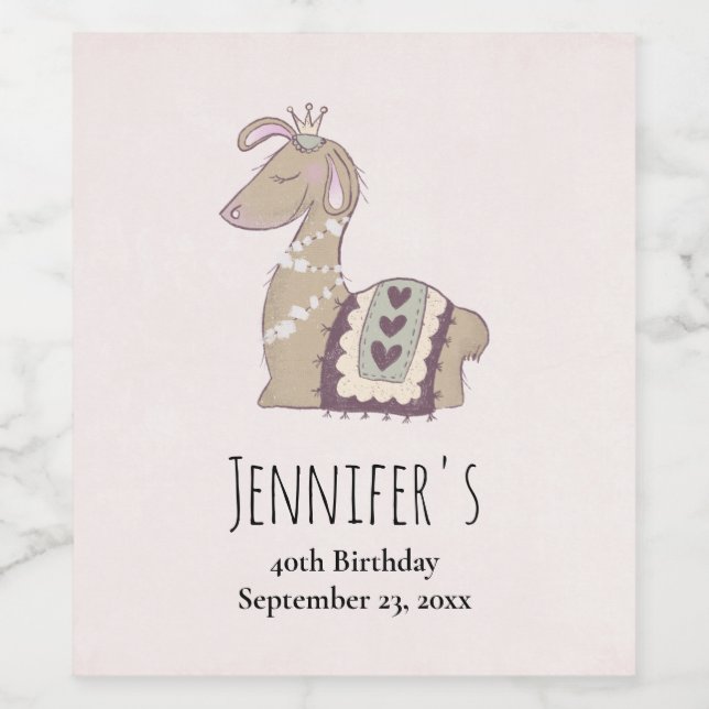 Niedliche Lama-Prinzessin mit einer Krone Weinetikett (Einzelnes Label)