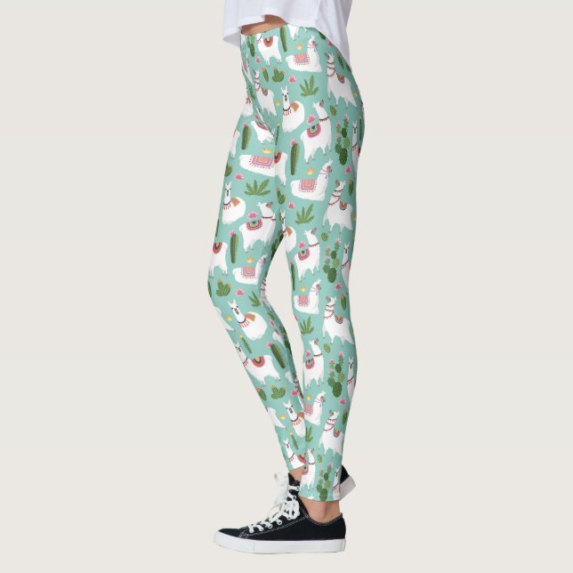 Niedliche Lamas auf aquamarinem Muster Leggings (Links)
