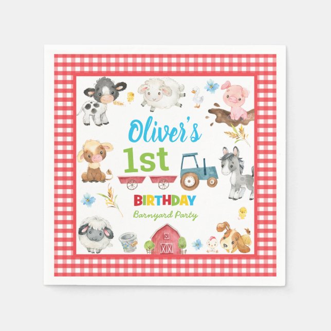 Niedliche Landtiere Barnyard 1. Geburtstag Serviette (Vorderseite)