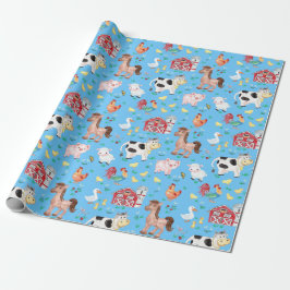 Niedliche Landtiere Barnyard Blue Background Geschenkpapier