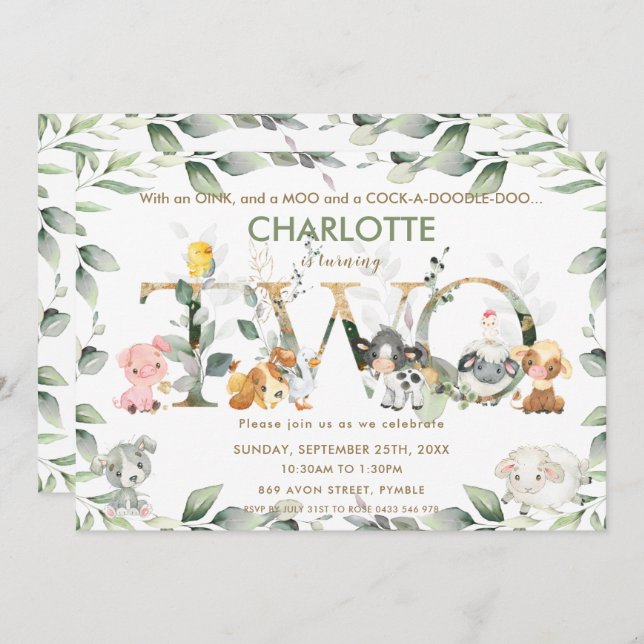 Niedliche Landtiere Barnyard Grüne 2. Geburtstag Einladung (Vorne/Hinten)
