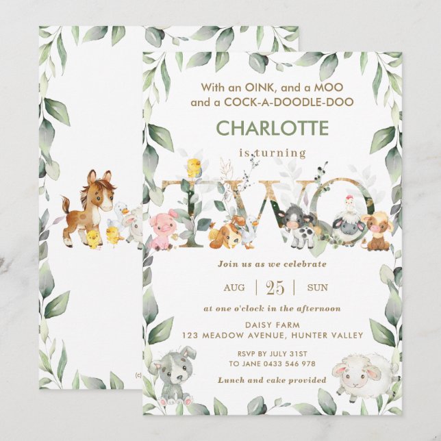 Niedliche Landtiere Barnyard Grüne 2. Geburtstag Einladung (Vorne/Hinten)