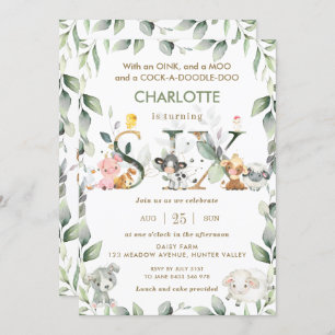 Niedliche Landtiere Barnyard Grüne 6. Geburtstag Einladung