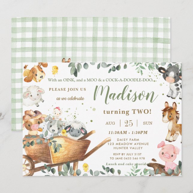 Niedliche Landtiere Barnyard Grüne Geburtstag Einladung (Vorne/Hinten)