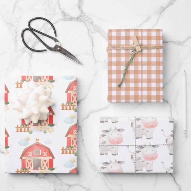 Niedliche Landtiere Barnyard und Kuh Geburtstag Geschenkpapier Set (Vorderseite)