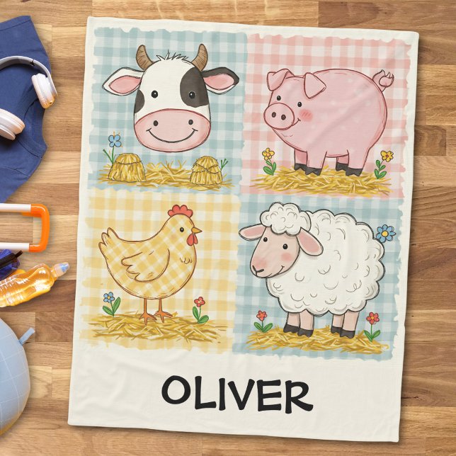 Niedliche Landtiere Gingham Barnyard Fleecedecke (Von Creator hochgeladen)