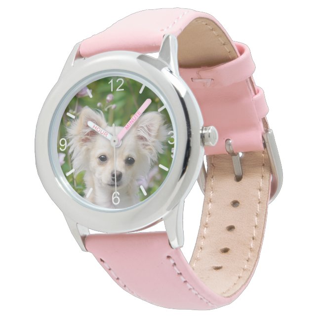 Niedliche Langhaar-Creme Chihuahua Hund Welpe Armbanduhr (Schrägansicht)