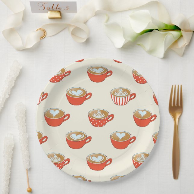 Niedliche Latte Art in Red Coffee Mugs Muster Pappteller (Hochzeit)