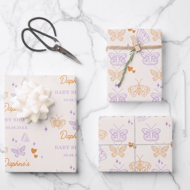 Niedliche Lavendel & Orange Butterfly Babydusche Geschenkpapier Set (Vorderseite)
