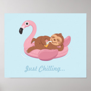 Niedliche Lazy Sloth auf rosa Flamingo Float Print Poster
