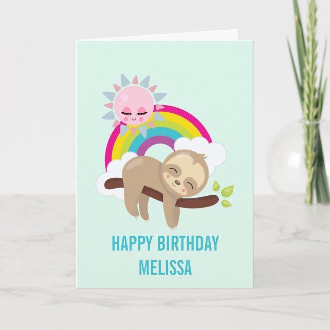 Niedliche Lazy Sloth mit Sun & Rainbow Birthday Karte (Vorderseite)