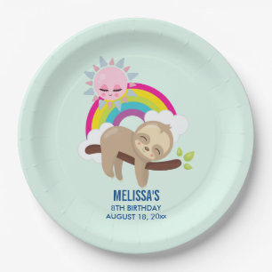 Niedliche Lazy Sloth mit Sun & Rainbow Birthday Pappteller