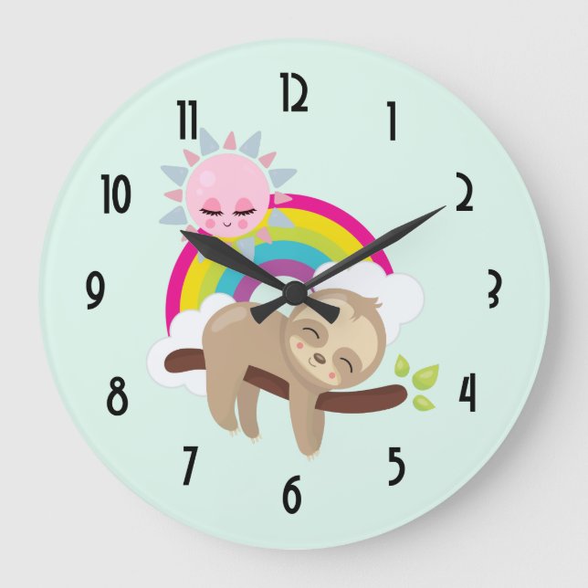 Niedliche Lazy-Sloth mit Sun & Rainbow Große Wanduhr (Vorderseite)