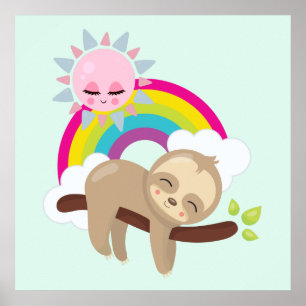 Niedliche Lazy-Sloth mit Sun & Rainbow Poster