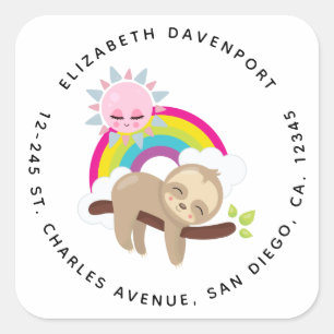 Niedliche Lazy-Sloth mit Sun & Rainbow Quadratischer Aufkleber