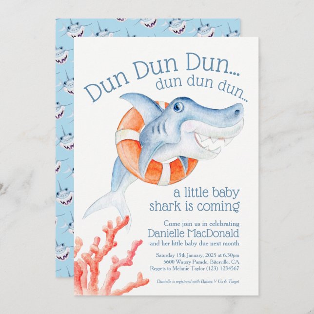 Niedliche Lebensdauer Baby Hai Aquarell Babydusche Einladung (Vorne/Hinten)