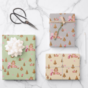 Niedliche Lebkuchen Hütte Grau Minze Creme Pink Geschenkpapier Set