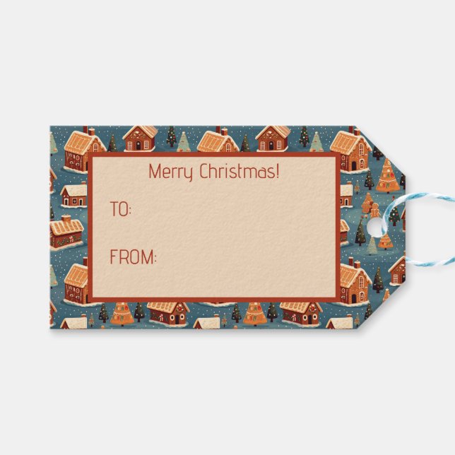 Niedliche Lebkuchenhäuser und Bäume Geschenkanhänger (Vorderseite (Horizontal))
