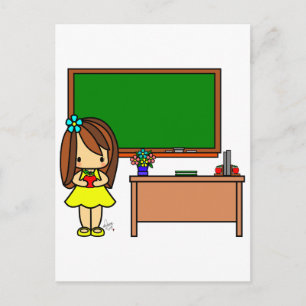 Niedliche Lehrerin in ihrem Klassenzimmer mit eine Postkarte