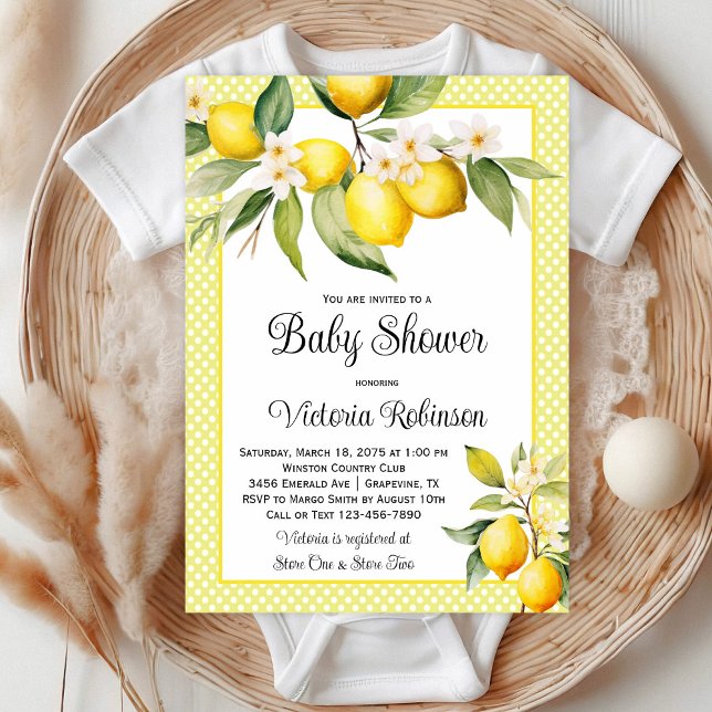 Niedliche Lemon Baby Dusche Einladung (Yellow lemon baby shower invitation with pretty watercolor lemons on a yellow polka dot background.)
