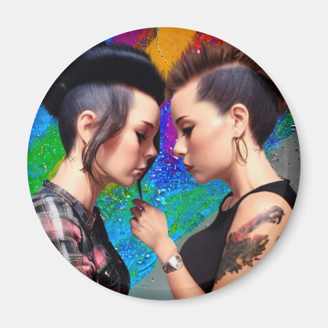 Niedliche Lesbische Couple Rainbow Art Magnet (Vorne)