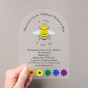 Niedliche LGBT Proud Rainbow Bee und Blume Hochzei Acryleinladungen