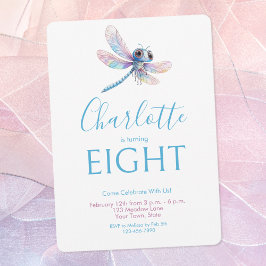 Niedliche Libelle Watercolor Girl Blue Pink Geburt Einladung