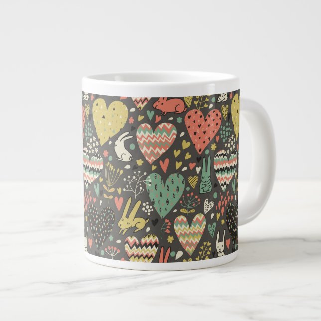 Niedliche Liebe bunnies Muster mit Herzen Jumbo-Tasse (Vorderseite Rechts)
