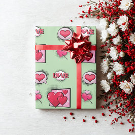 Niedliche Liebe Comic Buch Stil Grün Herzgeschenke Geschenkpapier