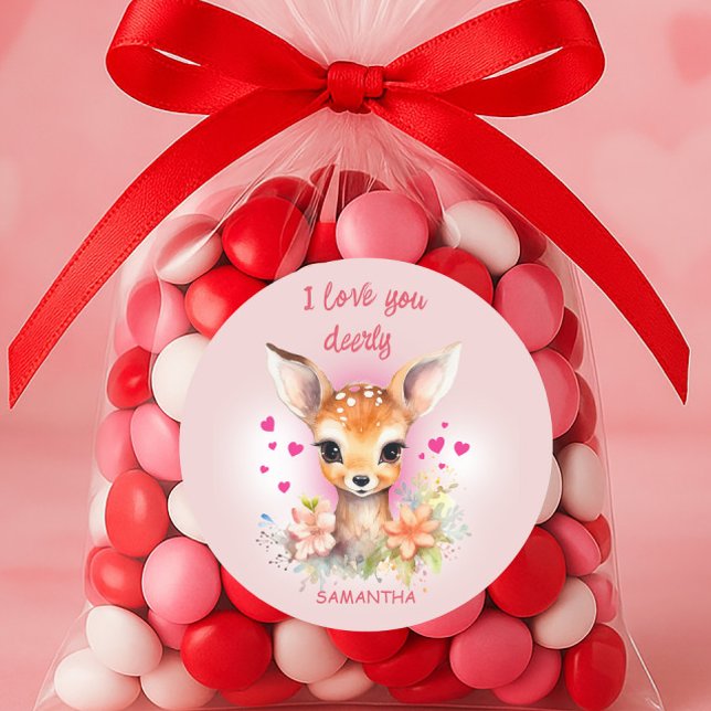 Niedliche Liebe für Hirsche Sie Pink Happy Valenti Runder Aufkleber ("I love you dearly" cute little deer Valentine's Day sticker)