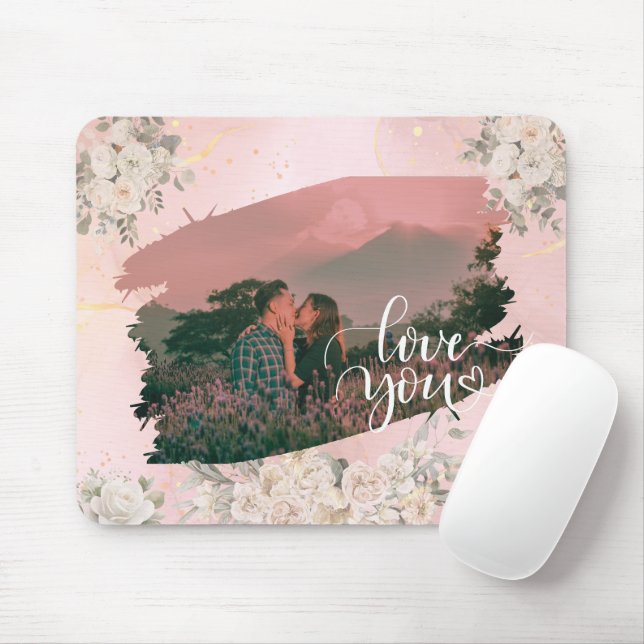 Niedliche Liebe Ihr Foto für ein paar rosa Blüten Mousepad (Mit Mouse)
