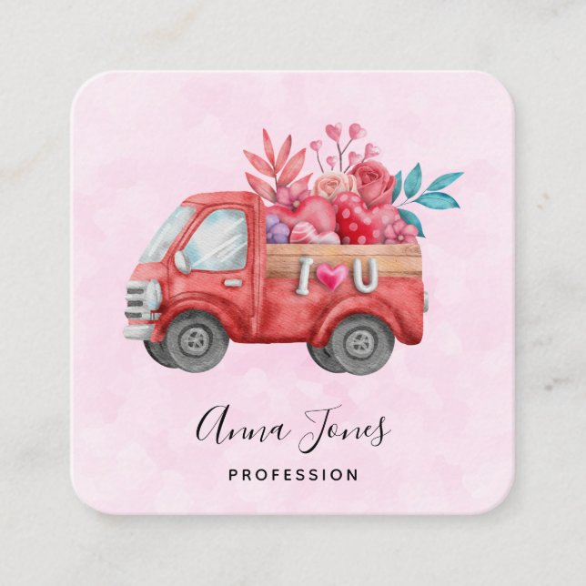 Niedliche Liebe LKW mit Herzkargo Wasserfarbe Quadratische Visitenkarte (Vorderseite)