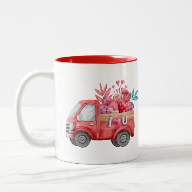Niedliche Liebe LKW mit Herzkargo Wasserfarbe Zweifarbige Tasse (Links)