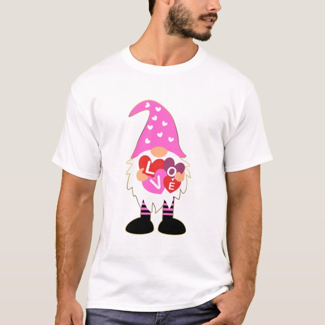 Niedliche LIEBE Rosa Herz Valentine Gnome T-Shirt (Vorderseite)