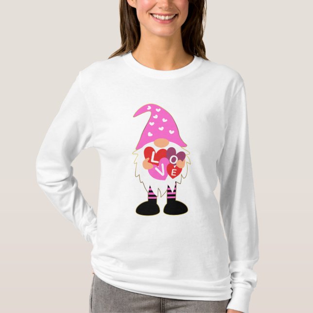 Niedliche LIEBE Rosa Herz Valentine Gnome T-Shirt (Vorderseite)