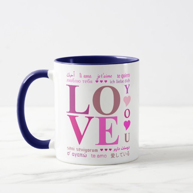 Niedliche "LIEBE YOU" in Romantic Languages, Girly Tasse (Links)