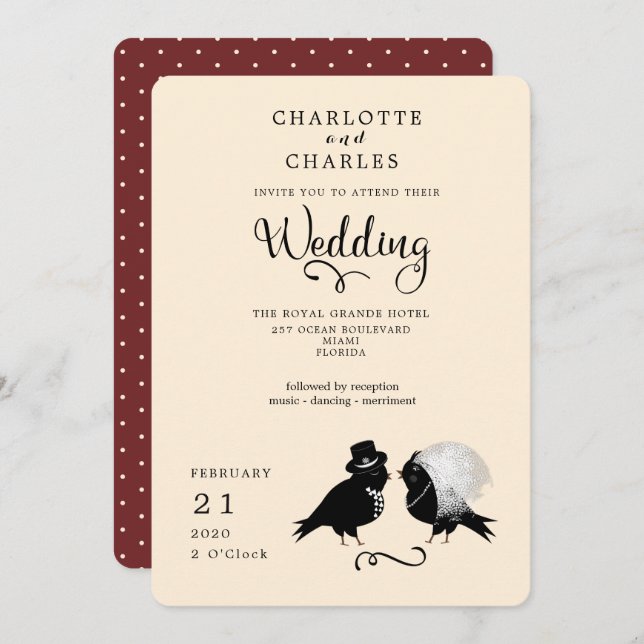 Niedliche Liebesvögel Braut und Groom Elegante Ein Einladung (Vorne/Hinten)