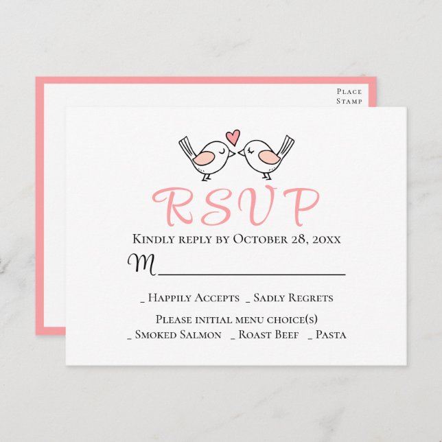 Niedliche Liebesvögel Pink Lovebirds Hochzeit RSVP Postkarte (Vorne/Hinten)
