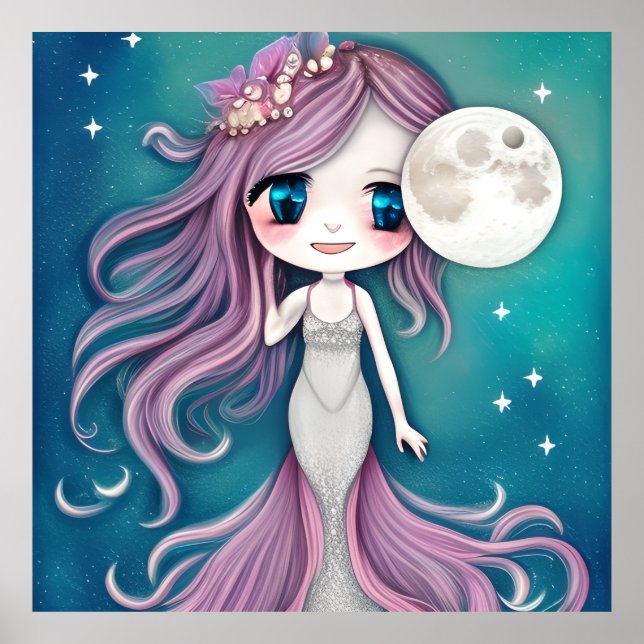 Niedliche Liebliche Gesicht Mermaid aquamarin Mond Poster (Vorne)