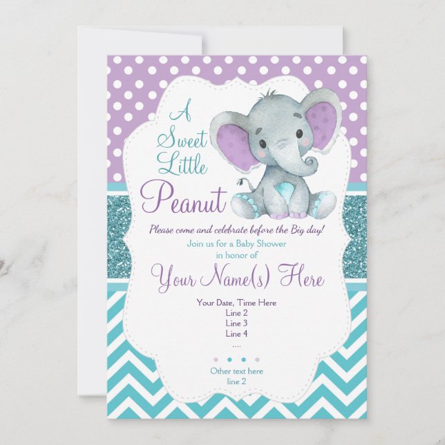 Niedliche Lila Aquamarine Elephant Invitation Baby Einladung (Vorderseite)