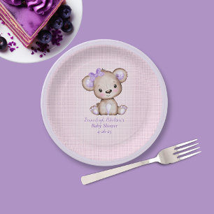 Niedliche Lila Bärengarne Kariert rosa Papierplatt Pappteller