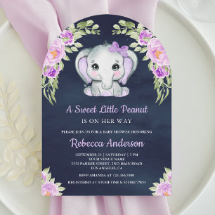 Niedliche Lila Blütenlephant Arch Navy Babydusche Einladung