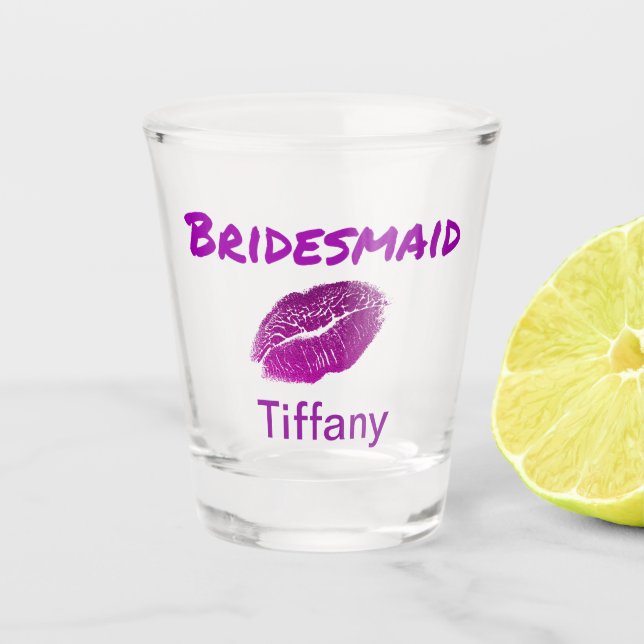Niedliche Lila Bridesmaid Keepake-Lippenstift Schnapsglas (Vorderseite)