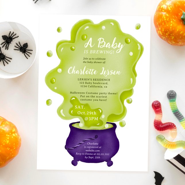 Niedliche lila Caldrön-Halbpendusche Einladung (Cute purple caldron green halloween baby shower invitation)