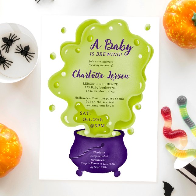 Niedliche lila Caldrön-Halbpendusche Einladung (Cute purple caldron green halloween baby shower invitation)